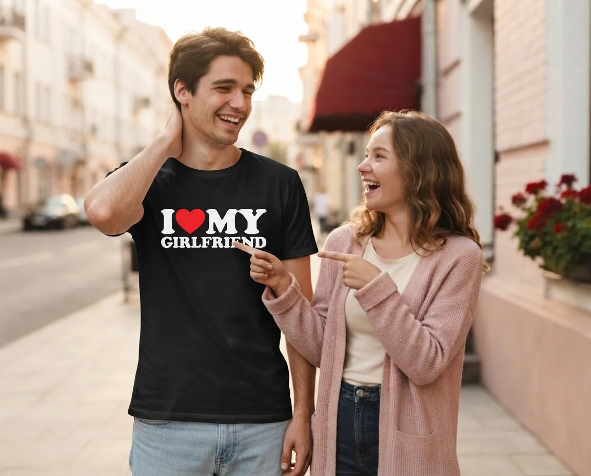 Man laughing in a white I love my girlfriend shirt while his girlfriend points at it